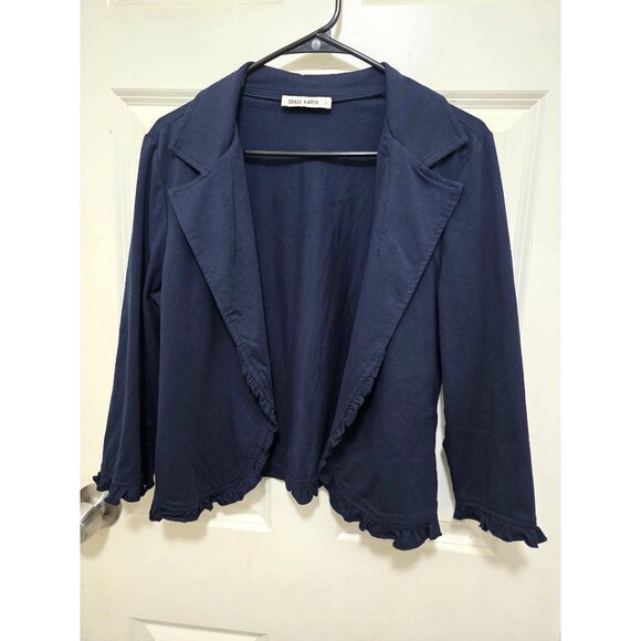 Grace Karin Women's Navy Blue Ruffled Open Front 3/4 Sleeves Blazer Jacket Size - Picture 2 of 9